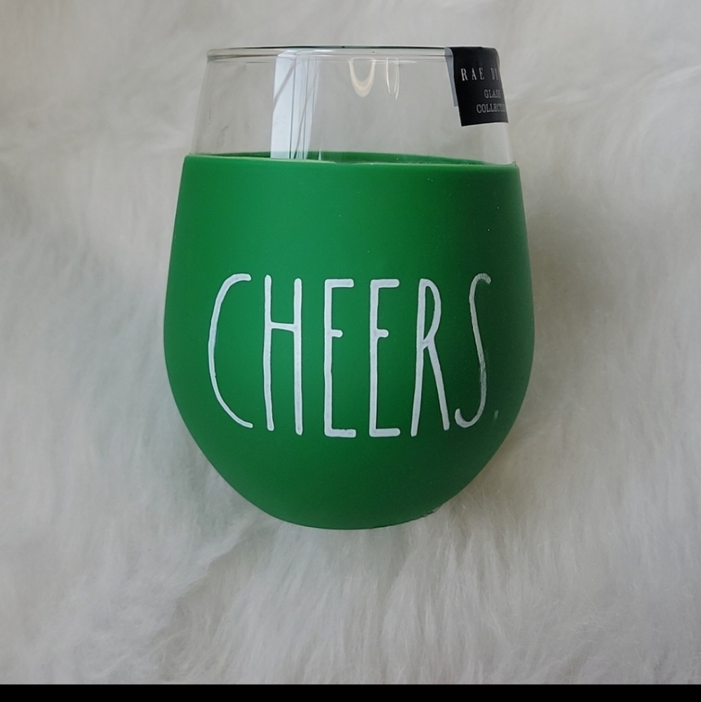 RAE DUNN NeW "CHEERS" Green Rubber Sleeve Farmhouse Rustic Stemless Wine Glass